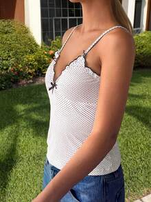Outfit estivo da spiaggia per donne stile Y2K per San Valentino e ritorno a scuola, top lavorato a maglia bianco con scollo a V, decorazione fiocco e stampa a pois sexy - Bianco - Visualizzare 5