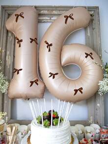 7pcs 40-Inch Caramel Color Number Balloons Set, Coffee Color Bow 0-9 Number Shaped Balloons Suitable For Birthday Party, Anniversary Decoration - Multicolor - View 3