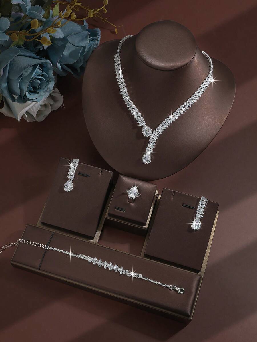 5件套奢华水钻几何项链、耳环、手链、戒指首饰套装，优雅时尚，适合婚礼、派对、日常通勤等场合。 - 銀色 - 查看 1