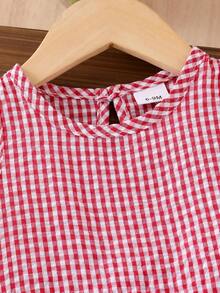 Baby Girl 2pcs Set Plaid Patchwork Ruffle Bow Sleeveless Top And Elastic Waist Bowknot Denim Pants Outfit - Red - View 5