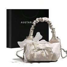 French Chiffon Tassel Bow Pearl Pleated Handbag & Shoulder Bag, Girly Chain Bag, Unique Pleated Cloud Bag, Versatile Commuter One Shoulder Underarm Bag, Sweet Girl Date Handbag - Multicolor - View 6