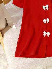 Distinctive Black A-Line Dress For Teen Girlwith Elegant 3D Bow Detail, Puff Sleeves And Front Slit - Polyester, Knee-Length, Teenage Party Dress, Spring/Summer - Red - View 4