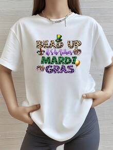 Texto festivo con sombrero verde máscaras de carnaval globos y letras coloridas que evocan la alegría del Mardi Gras camiseta de mujer 100% algodón 220g - Blanco - Ver 1