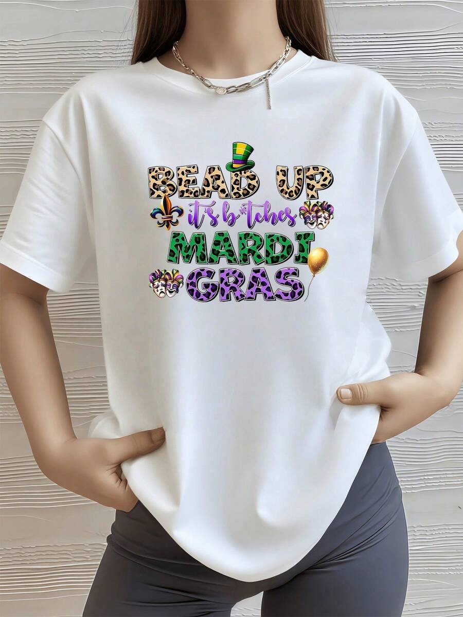 Texto festivo con sombrero verde máscaras de carnaval globos y letras coloridas que evocan la alegría del Mardi Gras camiseta de mujer 100% algodón 220g - Blanco - Ver 1