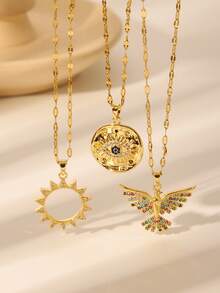 Gold-Tone Personalized Pendant Necklace - Sun/Eye/Bird Rhinestone Jewelry, Suitable For Women's Everyday/Casual Wear - Gold - View 1
