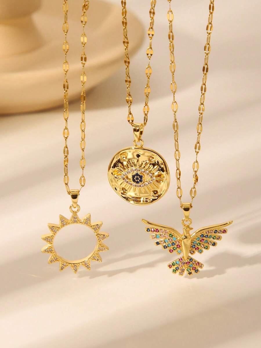 Gold-Tone Personalized Pendant Necklace - Sun/Eye/Bird Rhinestone Jewelry, Suitable For Women's Everyday/Casual Wear - Gold - View 1