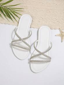 Women's Summer New Flat Sandals Fairy Style Rhinestone Cross Design Thin Strap Beach Slippers Casual Sweet Outdoor Wear - White - View 2
