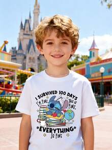 Disney Boys' T-Shirt, Creative Stitch Cartoon Alphabet Print, Summer Cotton Crew Neck Short Sleeve For Boys, Suitable For Everyday Wear, Vacations, Outdoor Activities, And As A Gift For Children. - White - View 1