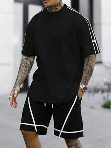 2pcs/Set Summer New Fashionable Loose Comfortable Casual T-Shirt And Shorts Set For Young Men - Black - View 11
