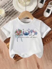 Disney Girls' T-Shirt, Creative Stitch Cartoon Print, Summer Cotton Crew Neck Short Sleeve For Girls, Perfect For Everyday Wear, Vacations, Outdoor Activities, And As A Gift For Kids. - 白色 - 查看 2