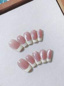 10pcs Pink Cat Eye French Manicure Stickers, Minimalist & Cute Daily Style, Long Trapezoid Fake Nails, Suitable For Women, Girls And DIY Nail Art Enthusiasts - Baby Pink - View 10