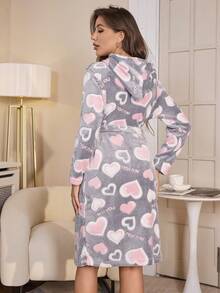 女士冬季睡袍 - 宽松长袖连帽睡袍，粉色和灰色心形图案，可调节抽绳腰带，可机洗，女士家居服、睡衣、礼物 - 彩色 - 查看 10