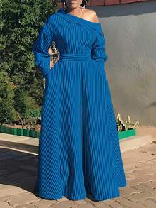 Plus Size Women's Dress, Colorblock Striped Print, Asymmetric Collar, Long Sleeve Shirt Dress, Pocket Design, Casual & Elegant, Suitable For Daily, Office, Vacation, Autumn/Winter Spring - Blue - View 3
