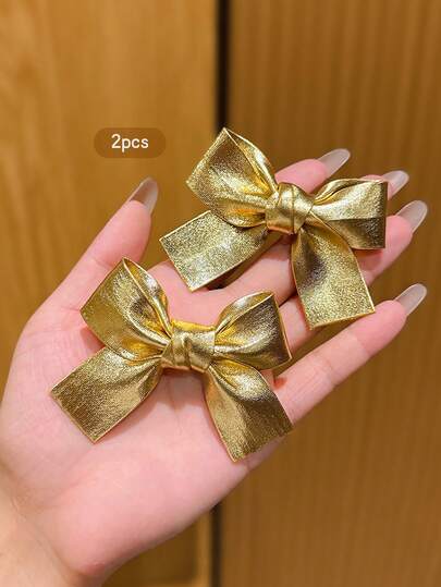 2pcs Gold Bowknot Hair Clips, Suitable For Everyday Wear