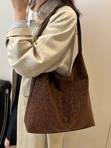 1pc Women's Fashionable Crescent Shaped Woven PU Leather Shoulder Bag With Coin Purse - Coffee - View 3