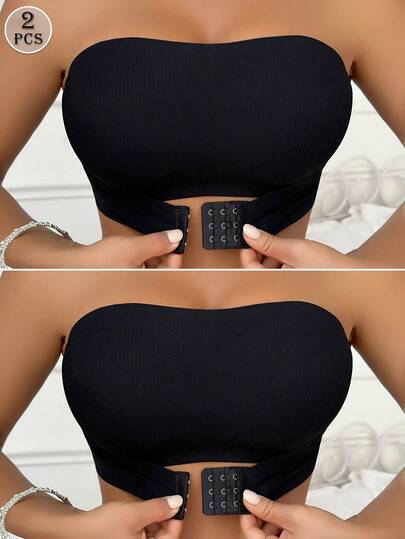 2pcs Multi-Color Front Closure Ribbed Women's Bra, Front Clasp Padded Wireless Bralette