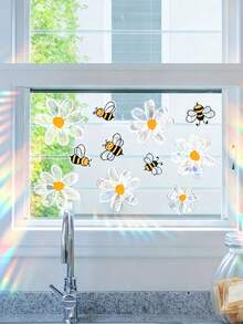 1 pieza Pegatina de ventana con abeja colorida y flor blanca, decoración de hogar de primavera, pegatina de ventana con girasol, atrapasol de arcoíris, pegatina de vidrio con patrón visual de doble cara - multicolor - View 4