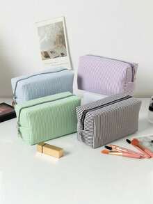 1pc Striped Women's Cosmetic Bag, Polka Dot Striped Zipper Organizer Pouch, Travel Toiletry Bag, Women's Makeup Organizer, Back To School Bag, Travel Organizer, Beach And Summer Vacation Bag, School Makeup Bag, Back To School Supplies, Cosmetic Organizer, Study Supplies Pouch, Storage Bag, And Dorm Essential Organizer - Multicolor - View 4