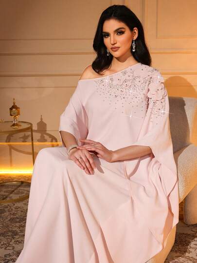 Elegant Asymmetric Collar Batwing Sleeve Robe, Decorated With 3D Rose And Pearl Appliques, Made Of Woven Fabric
