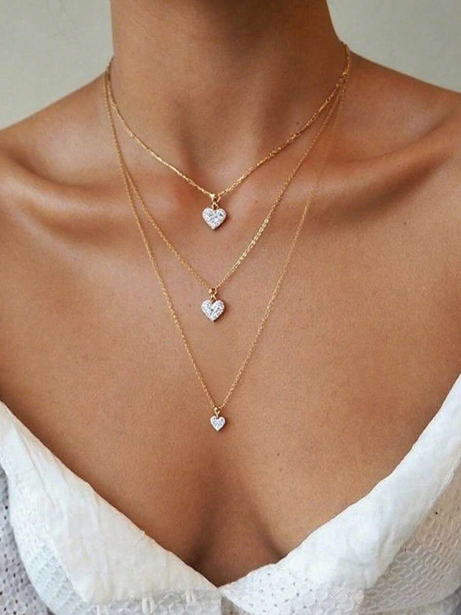 1pc Multi-Layer Heart Necklace, Bridal Wedding Party Deep V Dress Accessory Choker Pendant Chest Chain - Gold - View 1