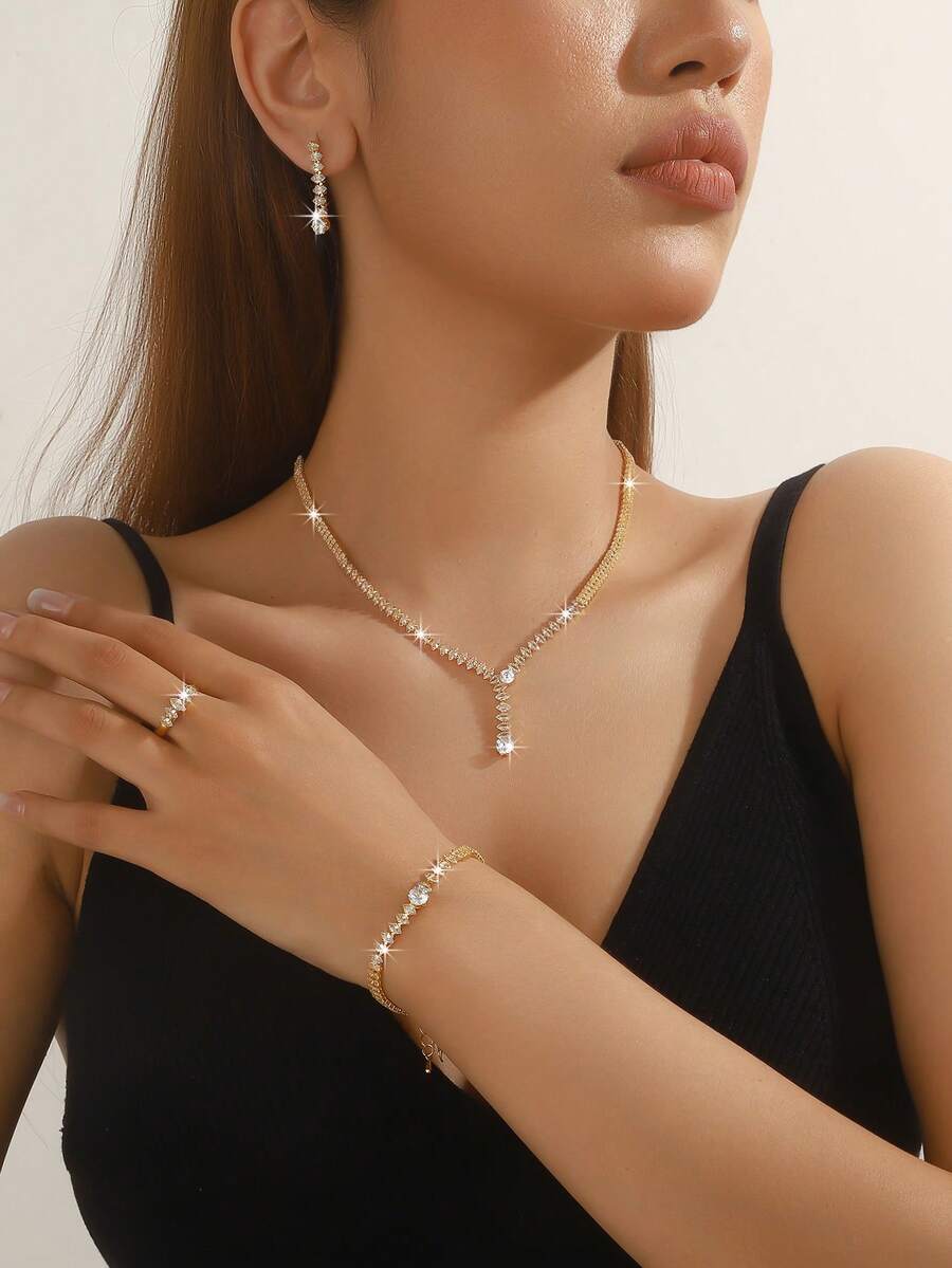 Bộ trang sức 5 món cao cấp đính đá Zirconia hình học gồm dây chuyền, bông tai, vòng tay và nhẫn, phụ kiện thanh lịch và sang trọng, phù hợp cho cả đi làm hàng ngày và dự tiệc cưới, dành cho các quý cô mới cưới. - Vàng - Xem 1