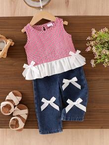 Baby Girl 2pcs Set Plaid Patchwork Ruffle Bow Sleeveless Top And Elastic Waist Bowknot Denim Pants Outfit - Red - View 2