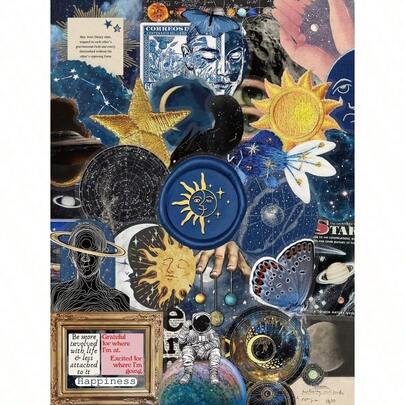 50pcs Mystery Space Stickers PET Material Handbook Laptop Phone Case Luggage Skateboard Helmet Decorative Stickers, School Supplies,Back To School