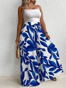 Pretty and Ole Plus Size All-Over Print Belt Tie Waist Wide Leg Pants - Blue - View 7