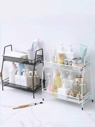 1pc Double-Layer Iron Rack, Countertop Cosmetic Display Shelf, Spice Rack, Desktop Storage Basket, Bathroom Organizer Shelf, Shower Caddy, Office Desk, Home Decor, Suitable For Kitchen, Bathroom, Bedroom, Office, Dorm And Other Small Storage Spaces, Essential For Back To School