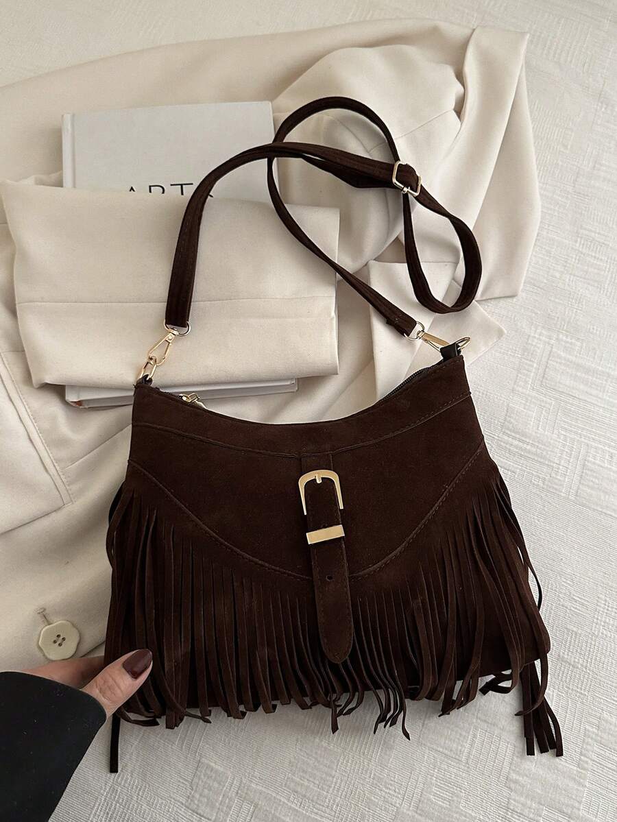 1pc Fringed Decor Solid Color Suede/PU Crossbody Bag With Zipper, Vintage Fashion, Suitable For Women Everyday Use In Autumn/Winter