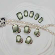 Cat Eye Press On Nails Handmade Short Oval\/Square\/Round False Nails With French Tip\/Aurora\/Magnetic Shimmer Designs (Silky#Square Maguey, Large) - ColorJJ - 查看 4