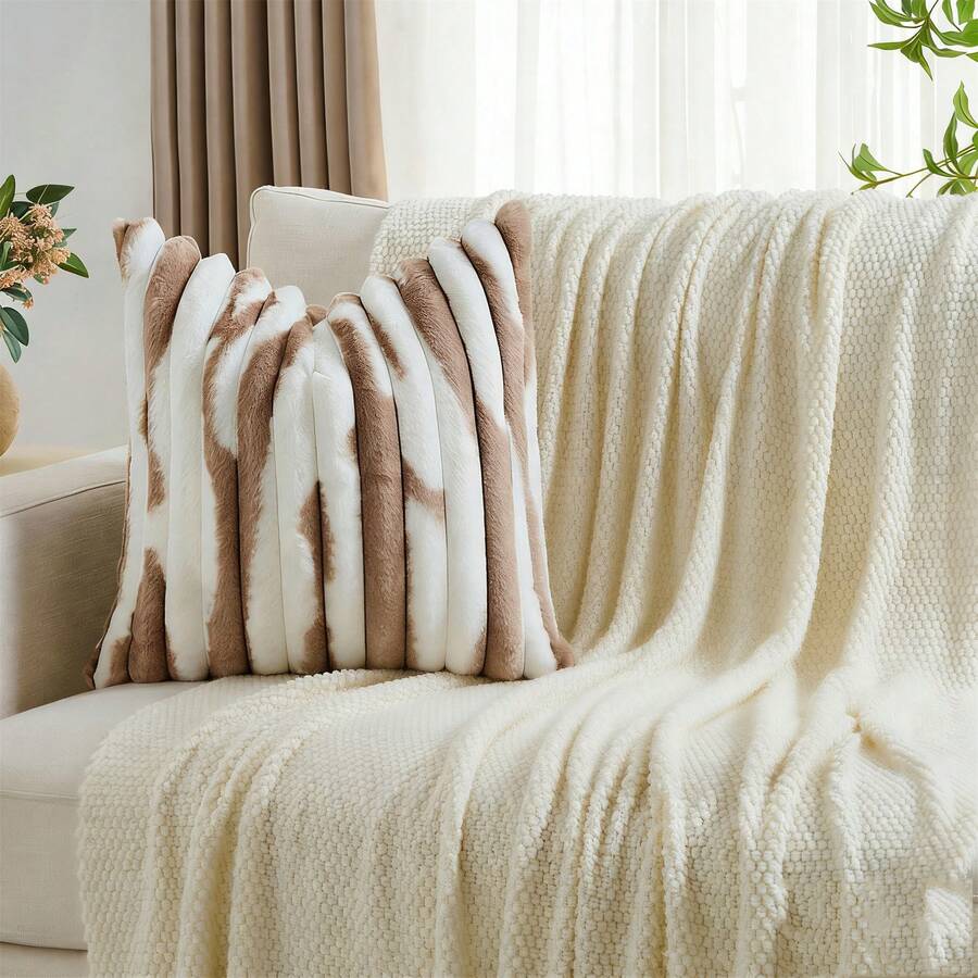 1/2 vỏ gối trơn không kèm ruột gối, vỏ gối sofa bằng nhung giả thỏ, trang trí nhà cửa - Nâu và trắng - Xem 1