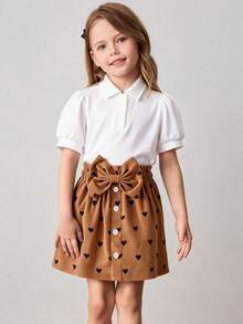 女童心形图案灯芯绒迷你裙，带蝴蝶结装饰 - 前扣设计，复古风格儿童裙，常规版型，春秋季休闲穿着，可爱情人节女童连衣裙 - 棕色 - 查看 9