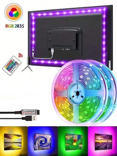 1 Set USB Powered LED Light Strip With 24-Key IR Remote Control, Adjustable Color Modes, Self-Adhesive Backing, Suitable For TV, Computer Screens, Festival, Bedroom, Home Decor, USB DIY Backlight TV Light Belt, 3.28FT/9.84FT LED Flexible Cabinet Light For Home Decoration