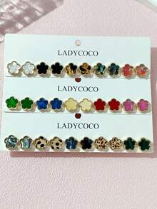 LADYCOCO 5/15对优雅多色玛瑙纹理幸运草耳环套装，适合女士日常佩戴（耳针由柔软的钛金属制成，运输过程中可能会弯曲。收到商品后您可以将其掰直。） - 彩色 - 查看 1