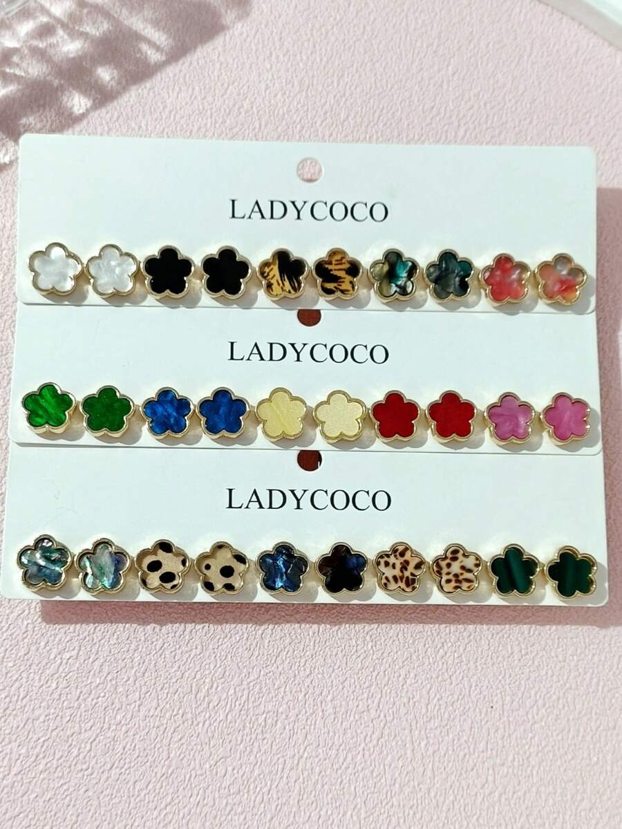 LADYCOCO 5/15对优雅多色玛瑙纹理幸运草耳环套装，适合女士日常佩戴（耳针由柔软的钛金属制成，运输过程中可能会弯曲。收到商品后您可以将其掰直。） - 彩色 - 查看 1