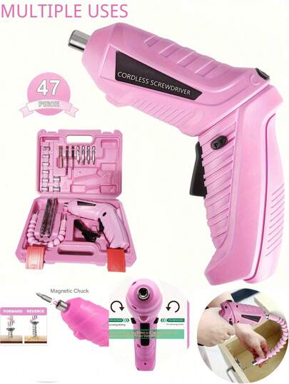 粉色47件套电动工具套装，适用于家庭维护和维修，锂电池迷你无绳螺丝刀，MQFORU无绳螺丝刀，47合1便携式无绳电钻，可充电电动螺丝刀套装，双位置手柄，带USB线和LED灯，适用于家庭办公室DIY工具，电动螺丝刀套装