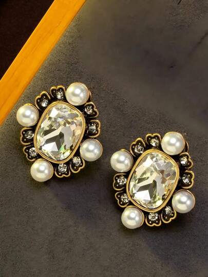 1 Pair Of Vintage-Style Rhinestone-Encrusted Geometric Square Earrings Suitable For Women's Daily Banquets, Gifts, And Prom Accessories