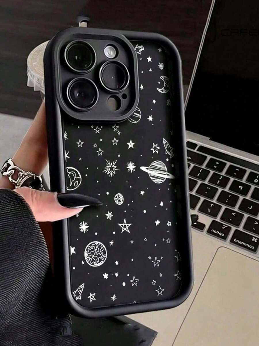 1pc Fashionable Alien Space Print Planet & Star Design Shockproof Protective Phone Case, Suitable As Holiday Gift Compatible With Apple Xs/Xs Max/Xr/11/12/13/14/14 Plus/15/15 Plus/16/16 Plus/7/8 Plus - Multicolor - View 1