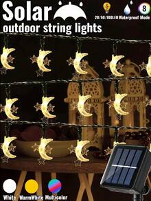 1 Stück Outdoor Solar betriebene Stern & Mond Lichterkette - 5m/7m/17m, 8 Beleuchtungsmodi, 20/50/100 LED Perlen, IP65 wasserdicht, Outdoor Feiertags Dekorative Beleuchtung, Mubarak Fairy Lights, geeignet für Garten, Hof, Pavillon, Terrasse, Veranda, Camping, Hochzeit, Party, Geburtstag, Eid Dekoration (Warmweiß/Weiß/Farbig) - Taubenblau - Übersicht 3