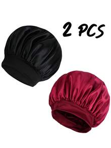 2pcs Silk Sleep Cap, Satin Hair Cap, Soft Elastic Silk Sleep Cap, Curly Hair Silk Hair Cover - Burgundy - View 6