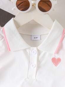 2pcs Girls' School Sports Heart Embroidery Sleeveless Polo Collar Top And Pleated Skirt Set, Summer - Pink - View 4