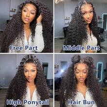 34英寸 200密度 卷发假发 混合真人发 13x4高清蕾丝前额假发 深卷蕾丝前额假发 女士款 自然婴儿发 13x4蕾丝前额假发 杰瑞卷发真人发假发 - 自然色&黑色系 - 查看 7