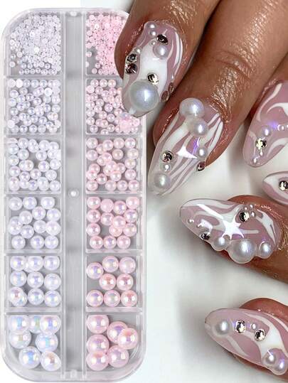 12 Grids Aurora White Pink Pearl Nail Charms 3D Semicircle Pearl Beads Nail Art Rhinestones Decorations For Manicure DIY Nail Jewelry Parts Accessories