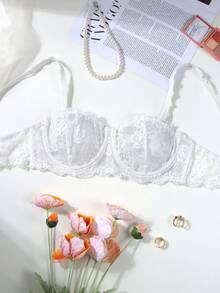 白色蕾丝花卉睫毛性感无钢圈文胸，舒适优雅浪漫半罩杯女士内衣 - 白色 - 查看 2