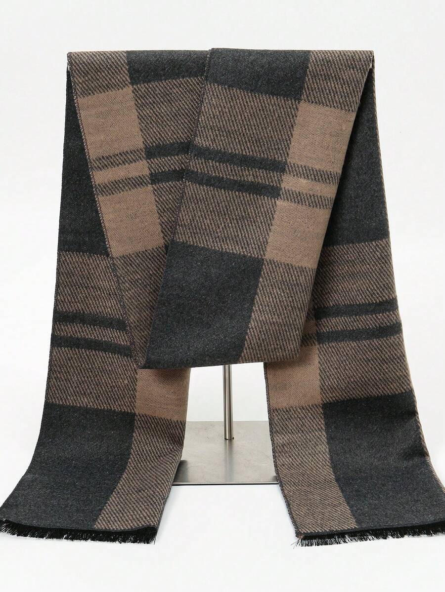 1pc Classic Striped & Plaid Print Warm Thick Scarf, Unisex Fashion Casual Couple Neck Warmer, Suitable For Daily Wear, Autumn/Winter - Camel - View 1