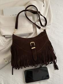 1pc Fringed Decor Solid Color Suede/PU Crossbody Bag With Zipper, Vintage Fashion, Suitable For Women Everyday Use In Autumn/Winter - Coffee - View 6