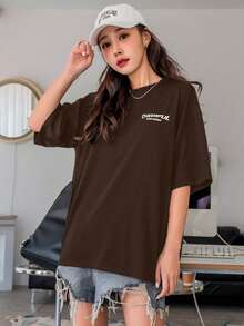 Women's Oversized Printed T-Shirt - Cheerful Paradise Phrase - Loose, Casual, Stylish, Modern, And Cool Blouse - 鏽棕色 - 查看 6