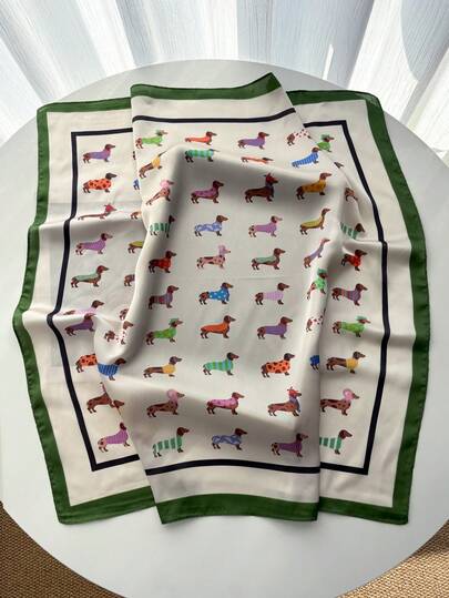 1条法式休闲可爱卡通狗印花65*65仿丝围巾，多功能高端领巾，轻盈围巾/披肩，适合约会、派对、街头表演、节日、母亲节礼物、配饰