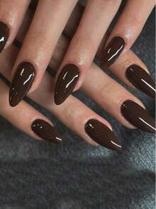 24片可重复使用的短杏仁形亚克力美甲贴纸，浅棕色，冬季美甲最佳亮面纯色亚克力贴片 - 棕色 - 查看 2